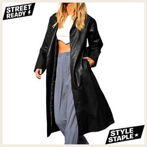 Slim Fit Faux Leather Trench Coat, Long Sleeve Button Closure Ankle Length